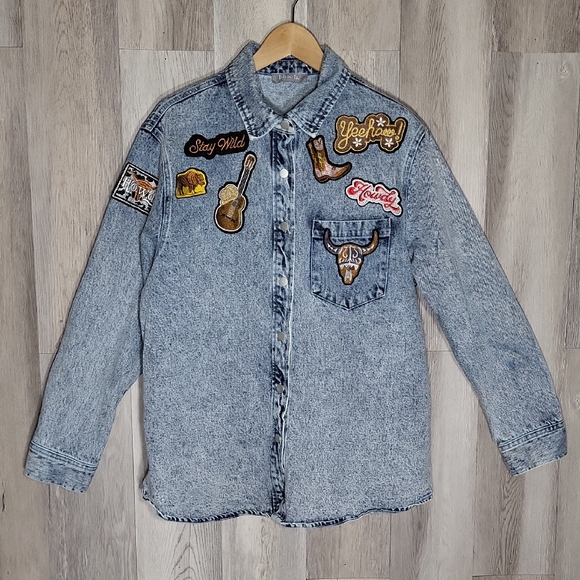 Blue B Womens Large Denim Patches Jean Jacket Western Cowgirl Cotton Oversized - Picture 1 of 11